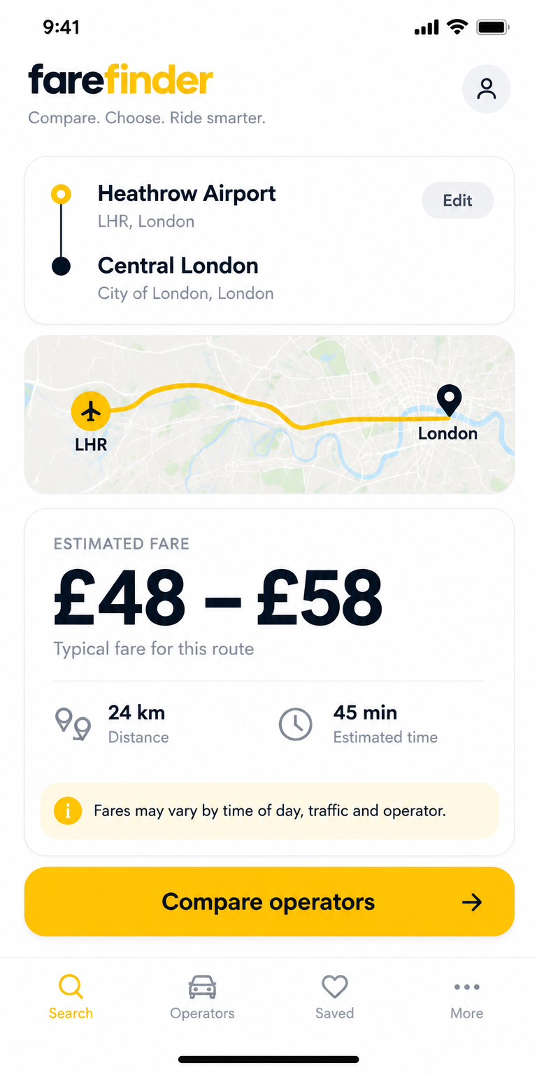 Wayvo2 app on iPhone showing a fare estimate from Heathrow Airport to Central London
