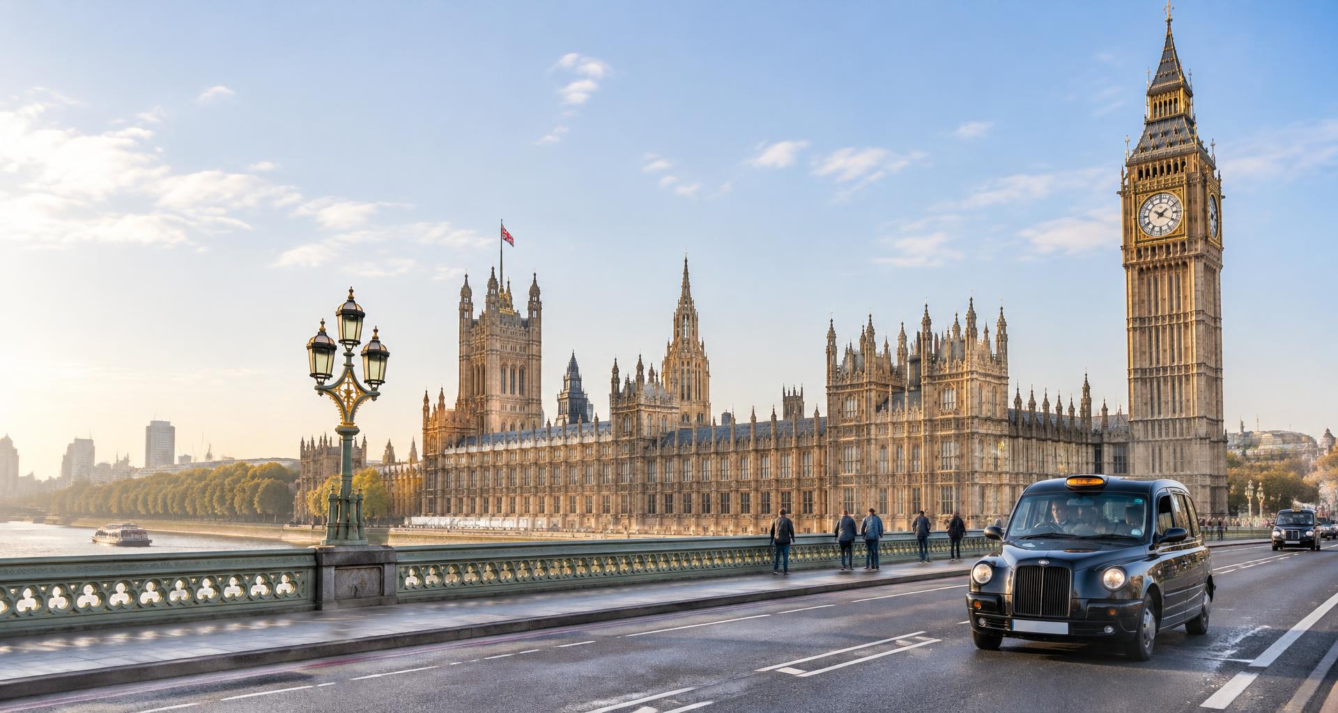A London black taxi crossing Westminster Bridge